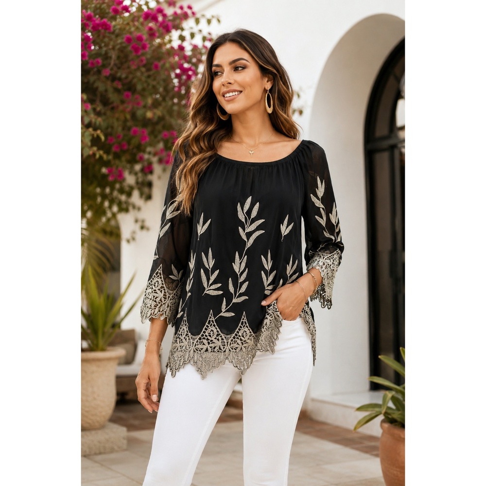 Alfani‎ Petite Black Embroidered Mesh Lace Trim Blouse Top PM Gold Leaf Sheer